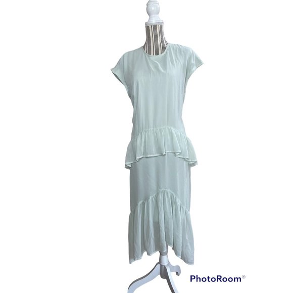 Vero Moda Pastel Midi Dress Ruffle Tiered Mint Green Lined Dress Size L - Picture 2 of 14